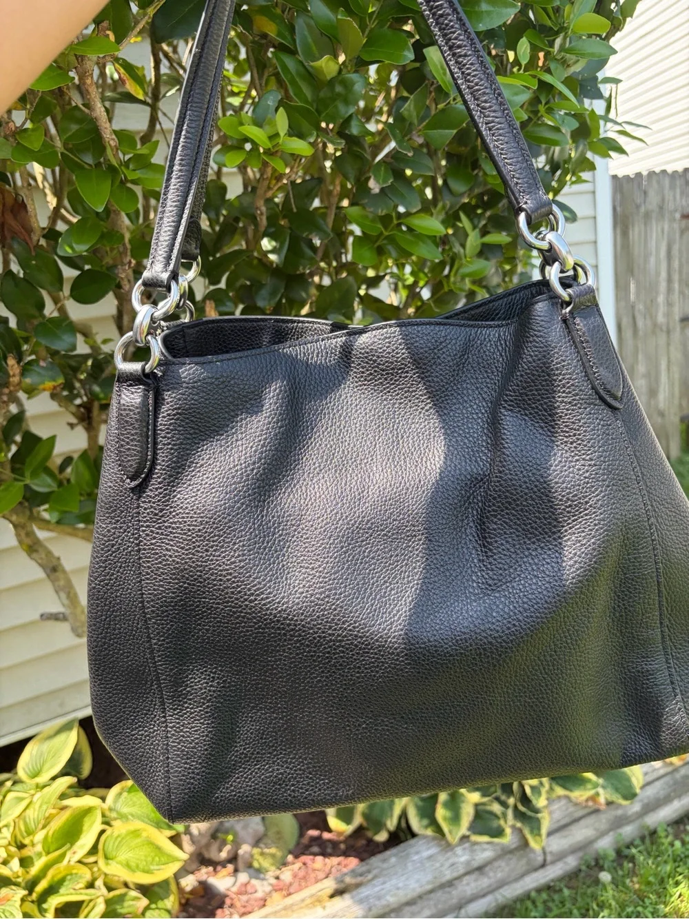 COACH HALLIE Black/Gold GENUINE Pebbled Leather Purse F80268